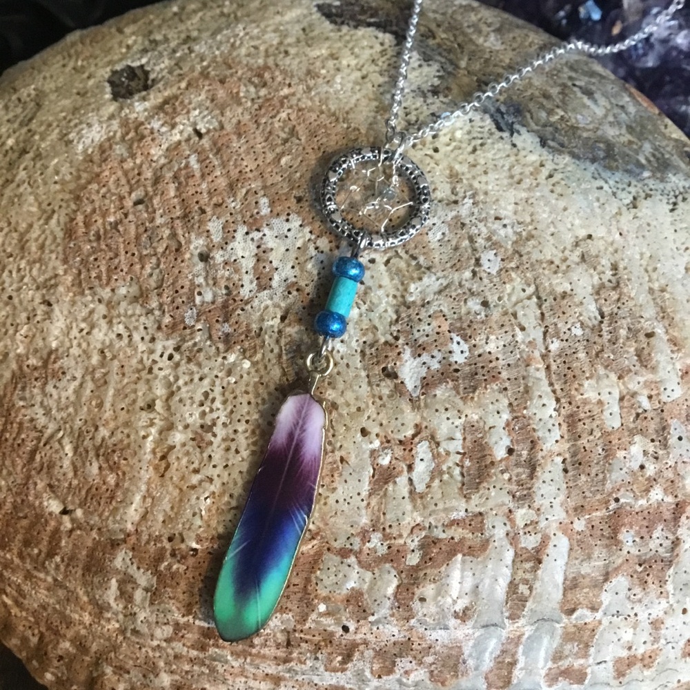 Handmade Diamond Nugget Dreamcatcher Pendant with Enamel Feather & Turq Accents